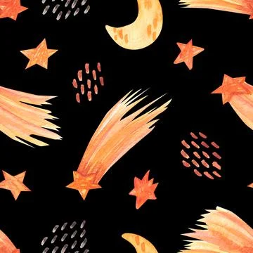 Watercolor seamless pattern with space elements as moon, falling stars, comet on イラスト素材