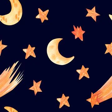 Watercolor seamless pattern with space elements as moon, stars, comet on dark Stock Illustration