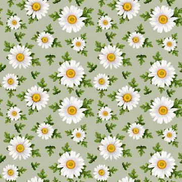 Watercolor seamless pattern with spring daisies. Green texture, for fabrics, Stock Illustration
