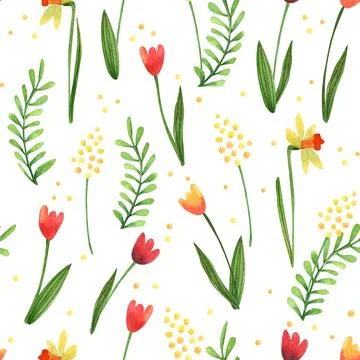 Watercolor seamless pattern with spring flowers on white Stock Illustration