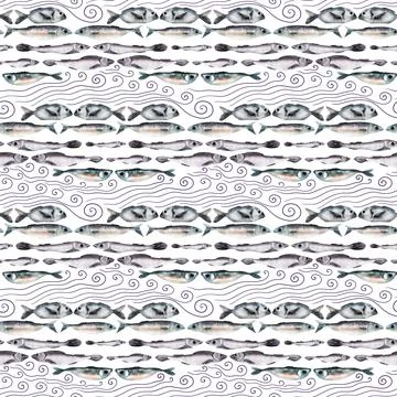 Watercolor seamless pattern with stylized fish of different species Stock Illustration
