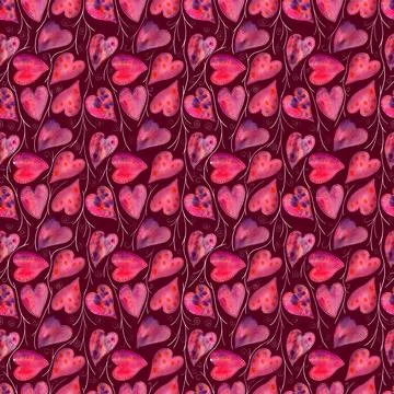 Watercolor seamless pattern with stylized red hearts and abstract ornaments Stock Illustration