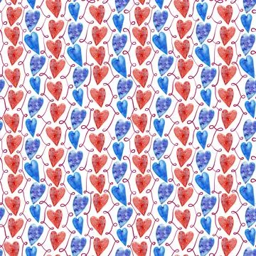 Watercolor seamless pattern with stylized red hearts and abstract ornaments 스톡 일러스트