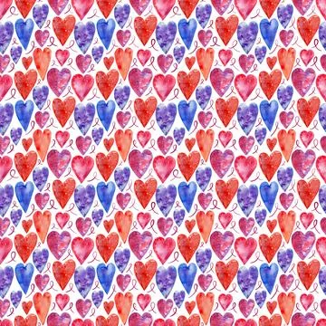 Watercolor seamless pattern with stylized red hearts and abstract ornaments Stockillustratie
