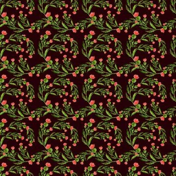 Watercolor seamless pattern with stylized twigs, flowers and leaves Stock Illustration