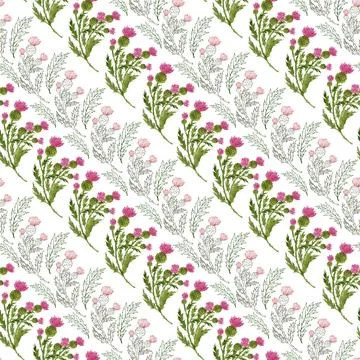 Watercolor seamless pattern with stylized twigs, flowers and leaves Stock Illustration