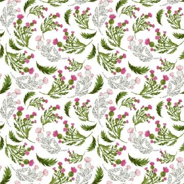 Watercolor seamless pattern with stylized twigs, flowers and leaves Stock Illustration