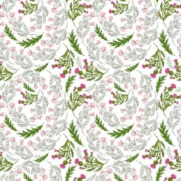 Watercolor seamless pattern with stylized twigs, flowers and leaves Stock Illustration