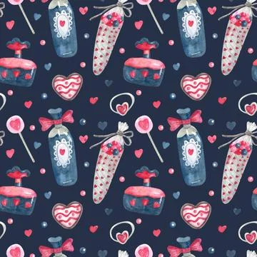 Watercolor seamless pattern with sweets and perfume on dark. Stock Illustration