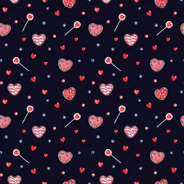Watercolor seamless pattern with sweets for Valentine's day on dark Stock Illustration