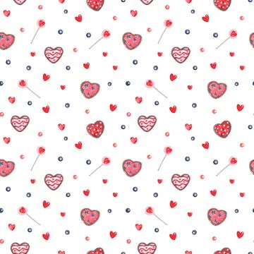 Watercolor seamless pattern with sweets for Valentine's day on white Stock Illustration