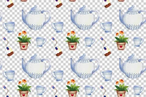 Watercolor seamless pattern with tea set, letter, flower pot, umbrella, clouds Stockillustratie
