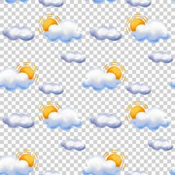 Watercolor seamless pattern with tea set, letter, flower pot, umbrella, clouds Stockillustratie