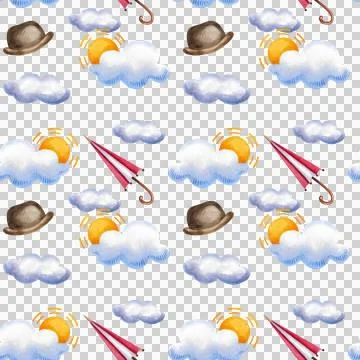 Watercolor seamless pattern with tea set, letter, flower pot, umbrella, clouds イラスト素材
