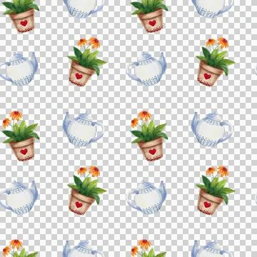Watercolor seamless pattern with tea set, letter, flower pot, umbrella, clouds Stock Illustration