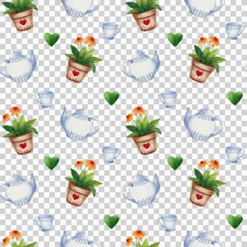 Watercolor seamless pattern with tea set, letter, flower pot, umbrella, clouds Stock Illustration