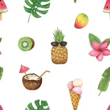 Watercolor seamless pattern on the theme of holidays. Pineapple, leaves and Stock Illustration
