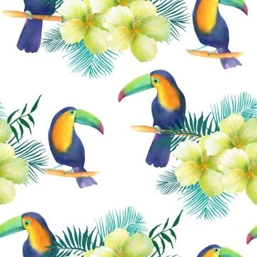 Watercolor seamless pattern with toucans Stock Illustration