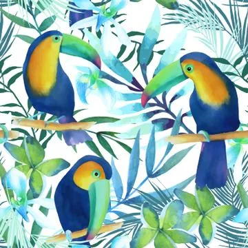 Watercolor seamless pattern with toucans Stock Illustration