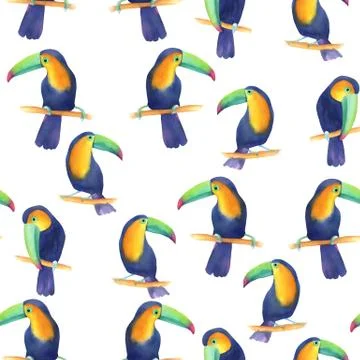 Watercolor seamless pattern with toucans Stock Illustration