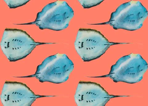 Watercolor seamless pattern with two stingray fishes view from bottom, on pin Stock Illustration