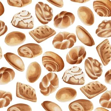 A watercolor seamless pattern with various buns. Fragrant golden buns, puff p イラスト素材