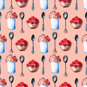 Watercolor seamless pattern with various desserts, sweets and cookies 스톡 일러스트