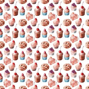 Watercolor seamless pattern with various desserts, sweets and cookies 스톡 일러스트