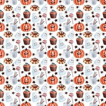 Watercolor seamless pattern with various elements of Halloween sweets Stock Illustration