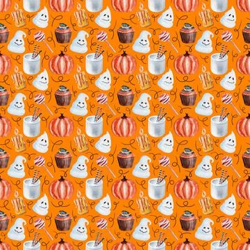 Watercolor seamless pattern with various elements of Halloween sweets Stock Illustration