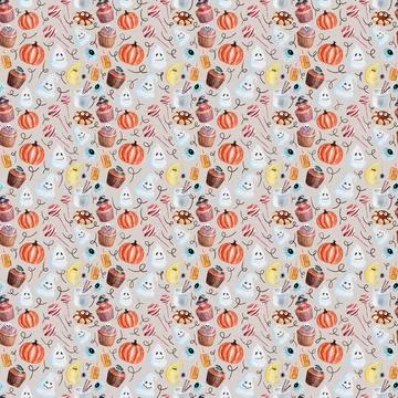Watercolor seamless pattern with various elements of Halloween sweets 库存插图