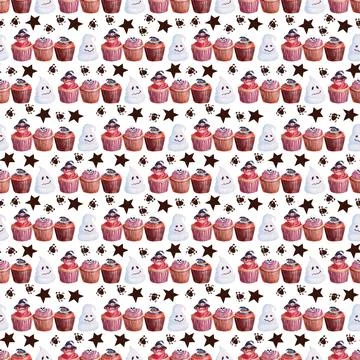 Watercolor seamless pattern with various elements of Halloween sweets Stock Illustration