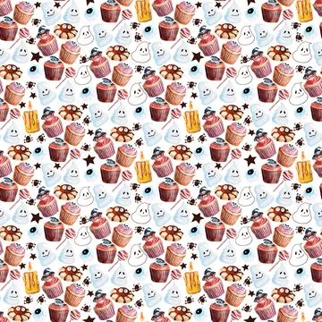Watercolor seamless pattern with various elements of Halloween sweets イラスト素材