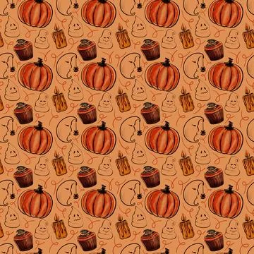 Watercolor seamless pattern with various elements of Halloween sweets Illustrazione stock