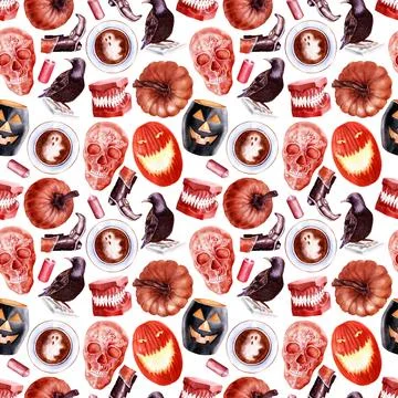 Watercolor seamless pattern with various Halloween theme elements 스톡 일러스트
