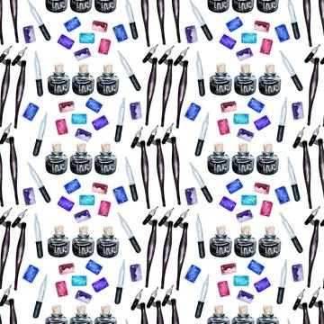 Watercolor seamless pattern with various objects of calligraphy Stock Illustration