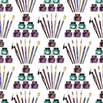 Watercolor seamless pattern with various objects of calligraphy イラスト素材