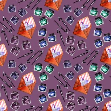 Watercolor seamless pattern with various objects of calligraphy イラスト素材