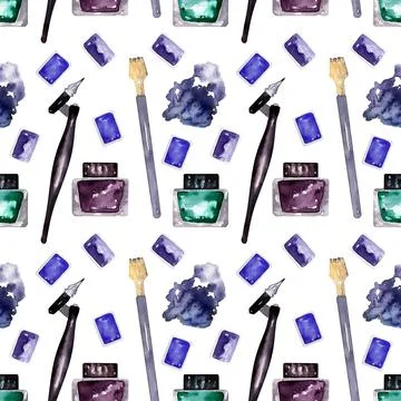 Watercolor seamless pattern with various objects of calligraphy Stock Illustration