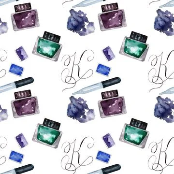 Watercolor seamless pattern with various objects of calligraphy 스톡 일러스트