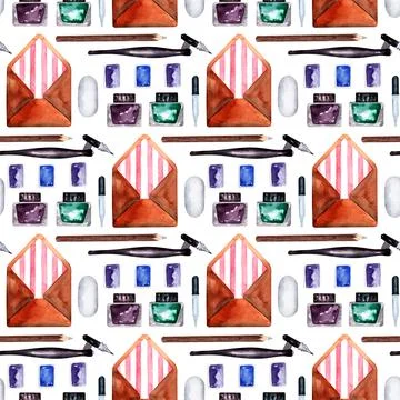 Watercolor seamless pattern with various objects of calligraphy イラスト素材