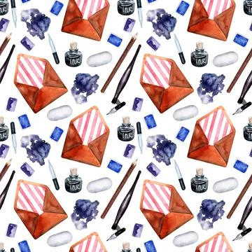 Watercolor seamless pattern with various objects of calligraphy 스톡 일러스트