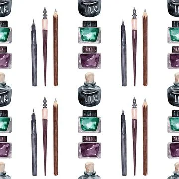 Watercolor seamless pattern with various objects of calligraphy Stock Illustration