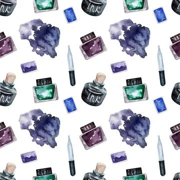 Watercolor seamless pattern with various objects of calligraphy Illustrazione stock