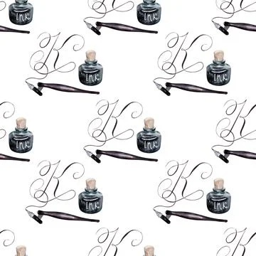 Watercolor seamless pattern with various objects of calligraphy 스톡 일러스트