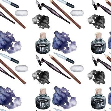 Watercolor seamless pattern with various objects of calligraphy 스톡 일러스트