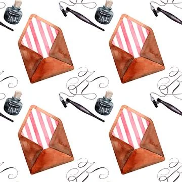 Watercolor seamless pattern with various objects of calligraphy Stock Illustration