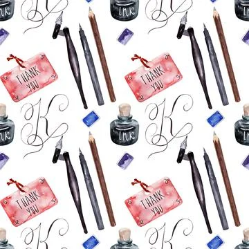 Watercolor seamless pattern with various objects of calligraphy Illustrazione stock