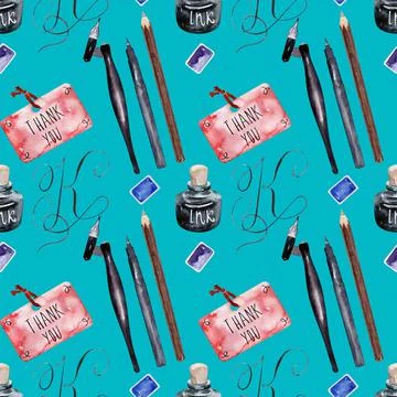 Watercolor seamless pattern with various objects of calligraphy Stock Illustration