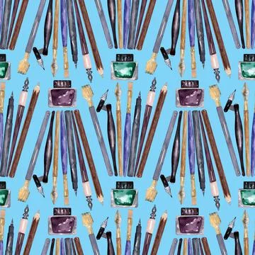 Watercolor seamless pattern with various objects of calligraphy Stock Illustration